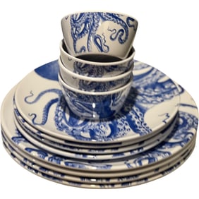 Set of Nautical Octopus Melamine Dinnerware – 12-Piece Outdoor Collection