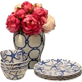 Set of Blue Starfish Melamine Dinner Plates & Deep Cereal Bowls – 8 Pieces, New