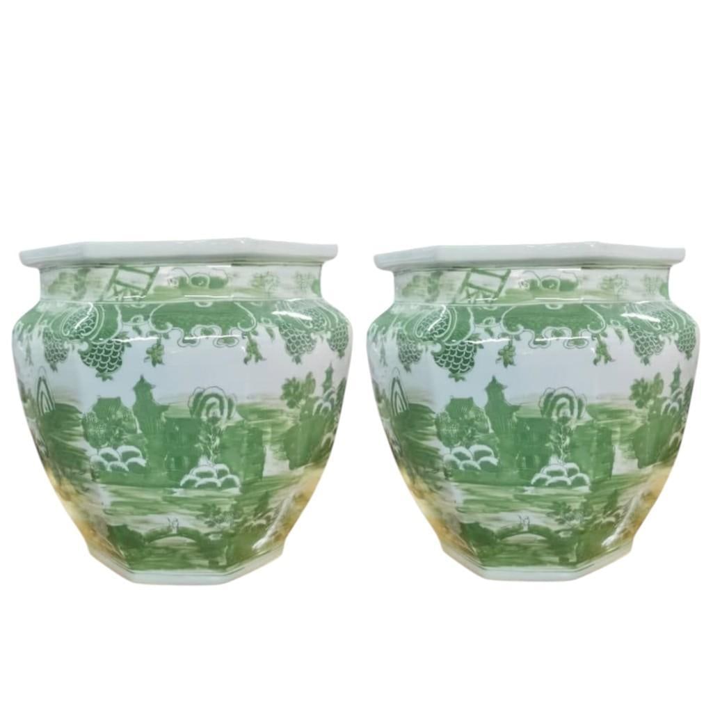Pair of Large Hand-Painted Green Landscape Planters (1 of 1)