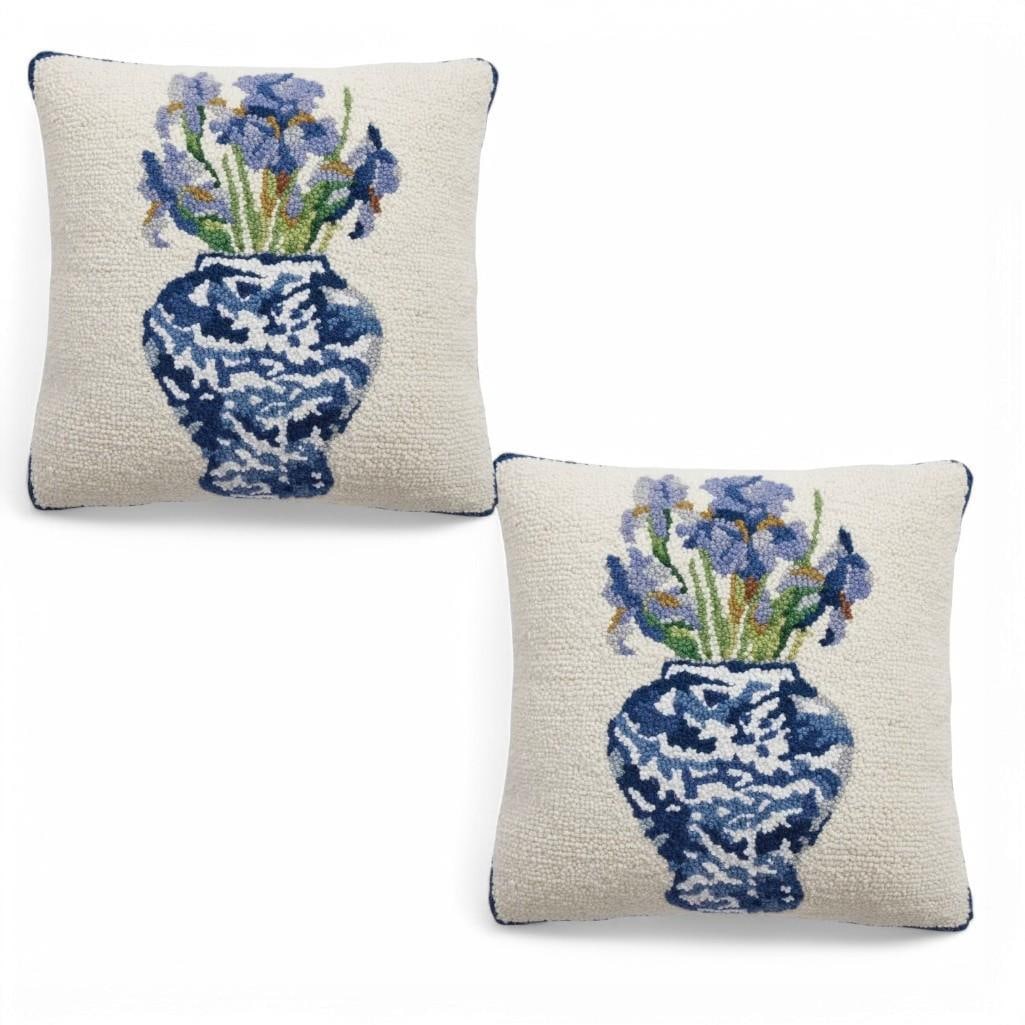 Pair of 100% Wool Hooked Pillows – Irises in Vase, 16" (1 of 2)