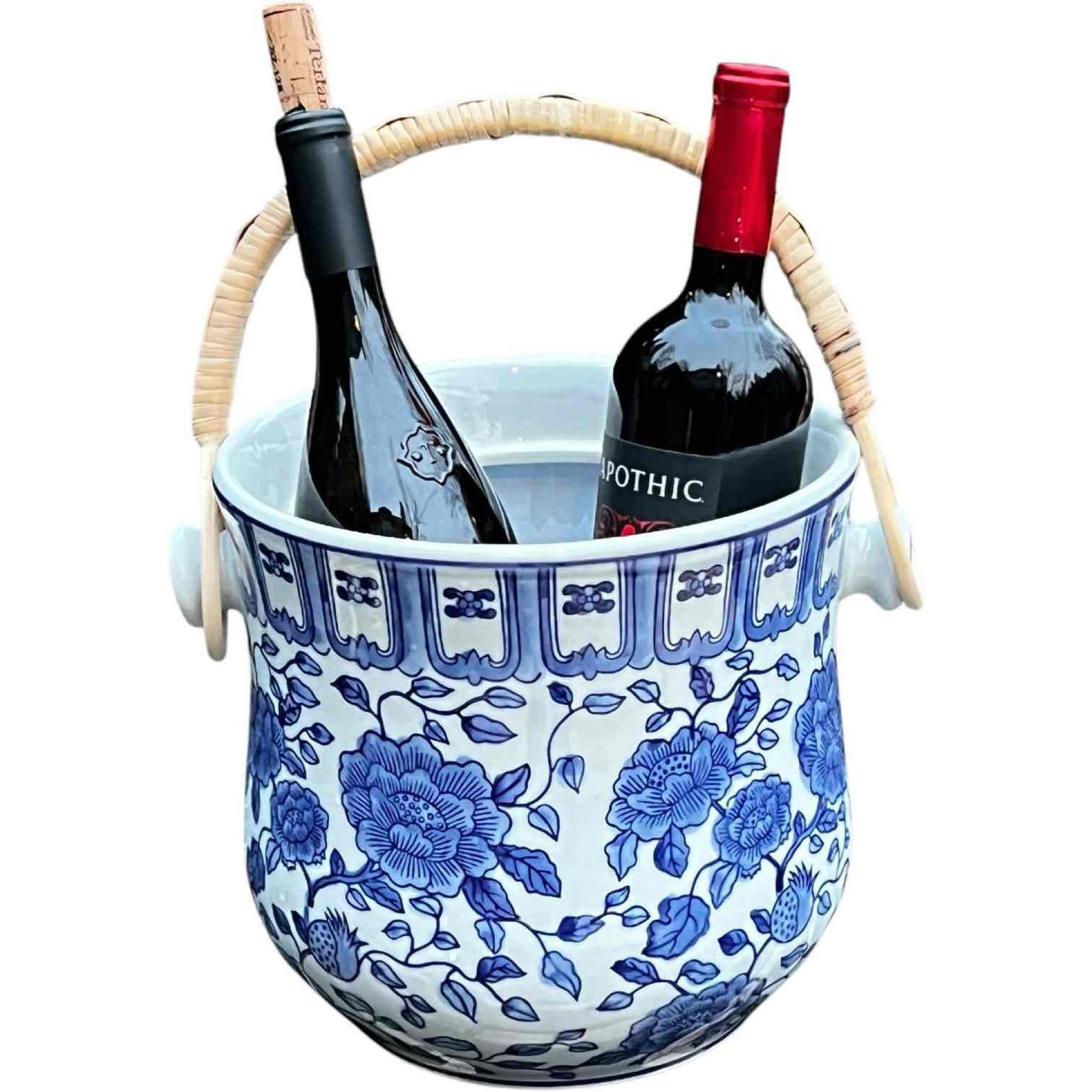 Blue and White Ceramic Ice Wine Bucket: Blue and white chinoiserie floral motif, hand painted on a white porcelain champagne or ice bucket with rattan handle. Great for entertaining and gifting! Hand painted and manufactured in the Jingdezh