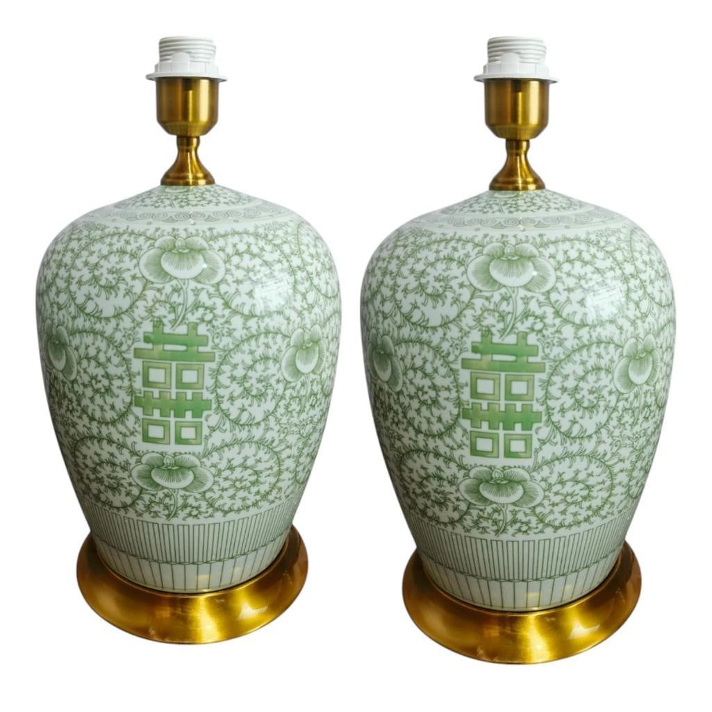 Pair of Green and White  Double Happiness Lamps (1 of 3)