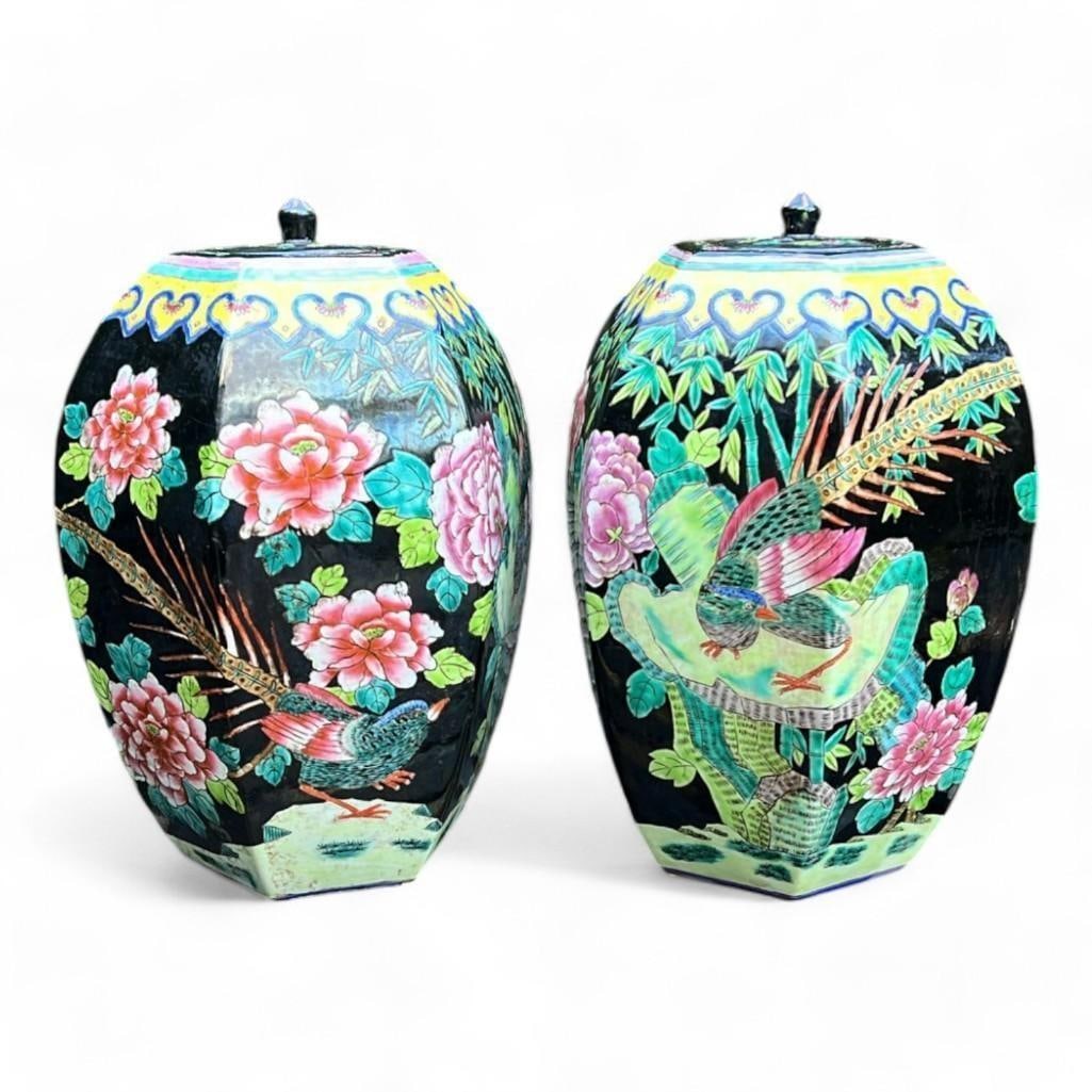 Pair of Famille Noire Chinese Porcelain Lidded Jars (1 of 8)