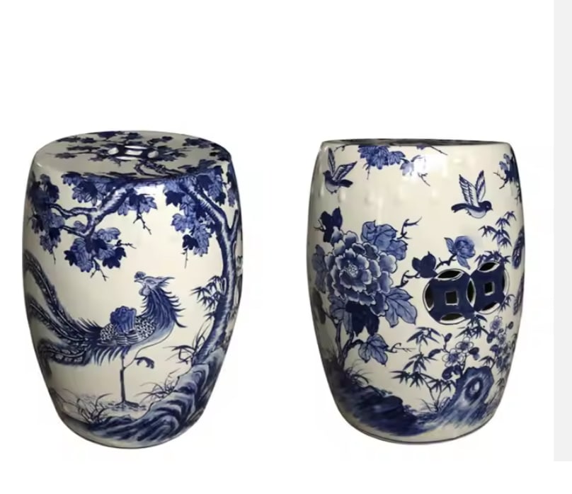 Pair of Blue and White Phoenix & Peony Garden Stools (1 of 4)