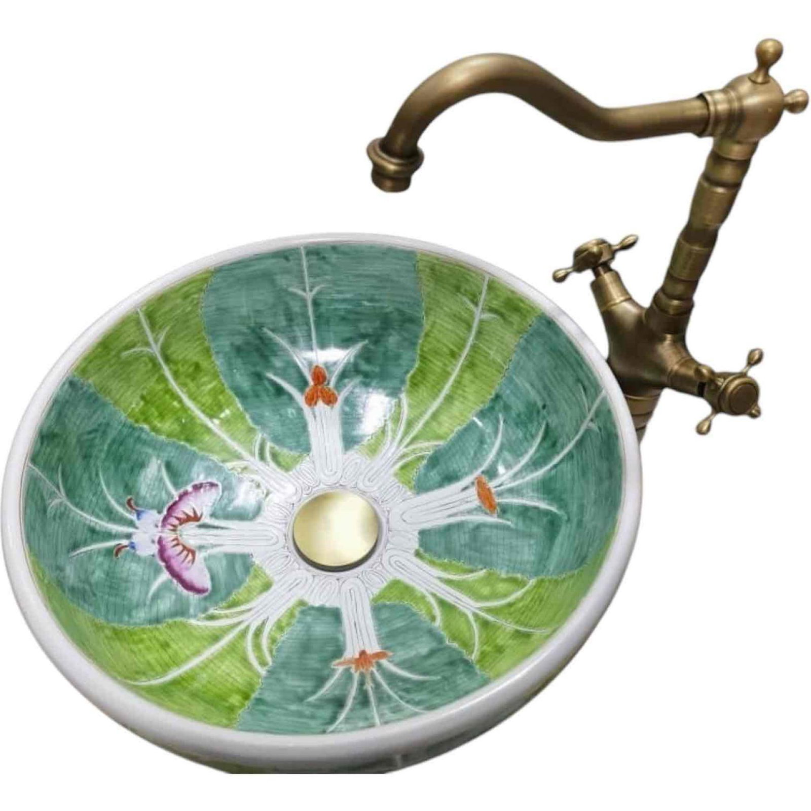 Hand-Painted Jingdezhen Bok Choy Ceramic Sink, 16â€: This hand-painted ceramic sink features an intricate bok choy cabbage leaf motif, crafted in Jingdezhen, China, a region renowned for its fine porcelain. The detailed brushwork captur