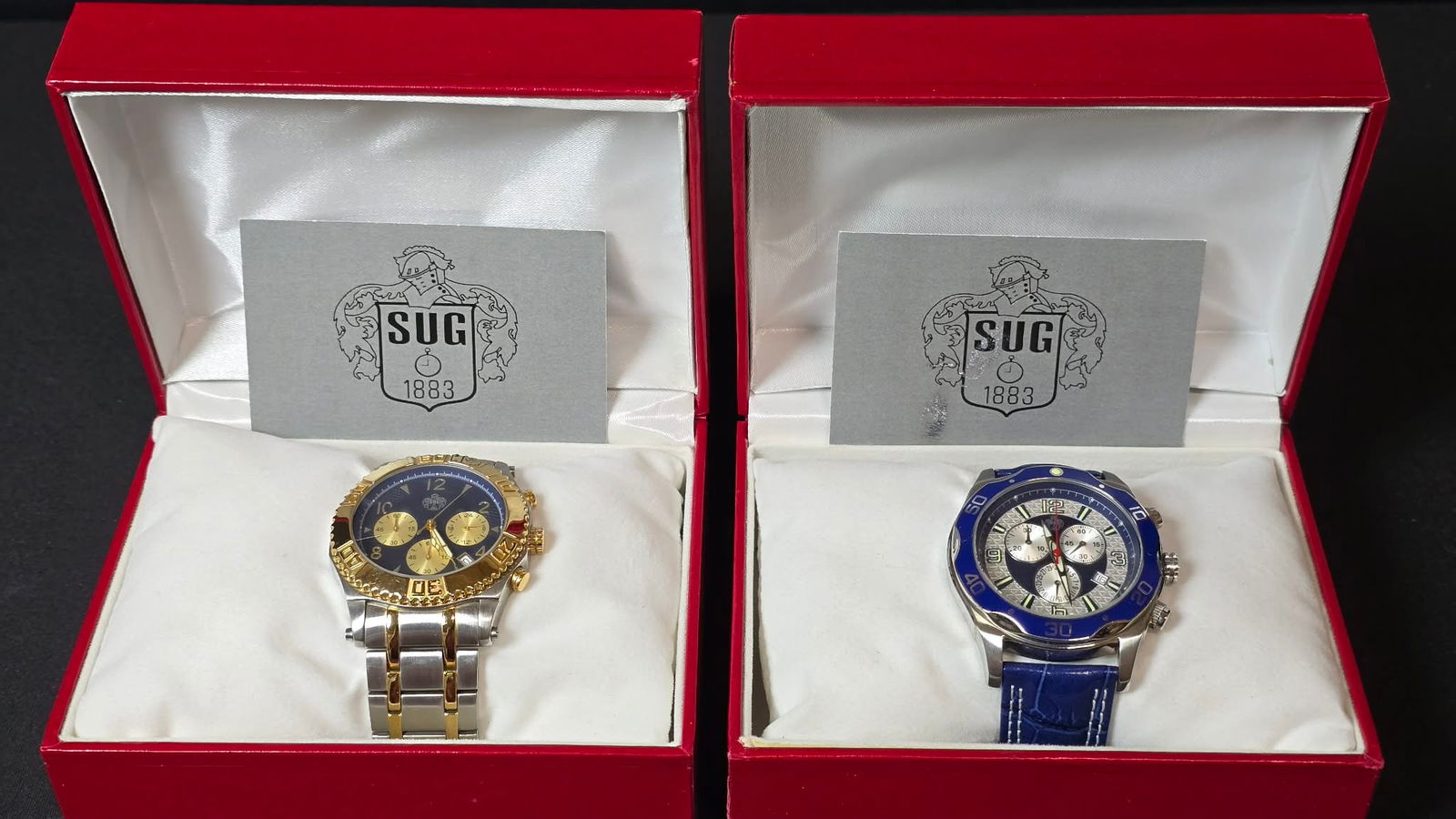 SUG Men’s Wristwatches (2) Chronograph & Sport Models Stainless Steel & Leather, Boxed AS-IS (1 of 8)