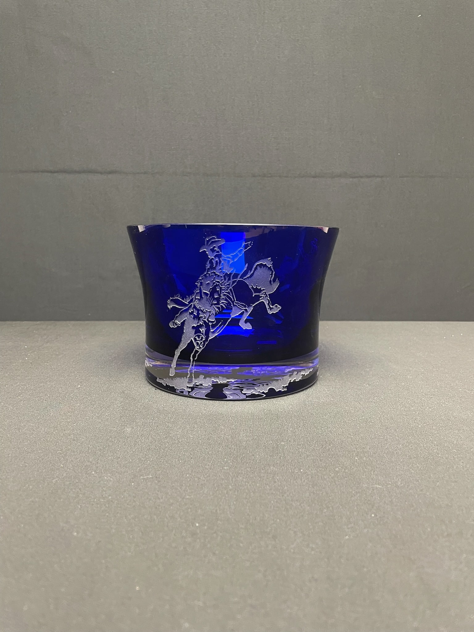 Cobalt Blue Glass Engraved Cowboy Vase (1 of 3)