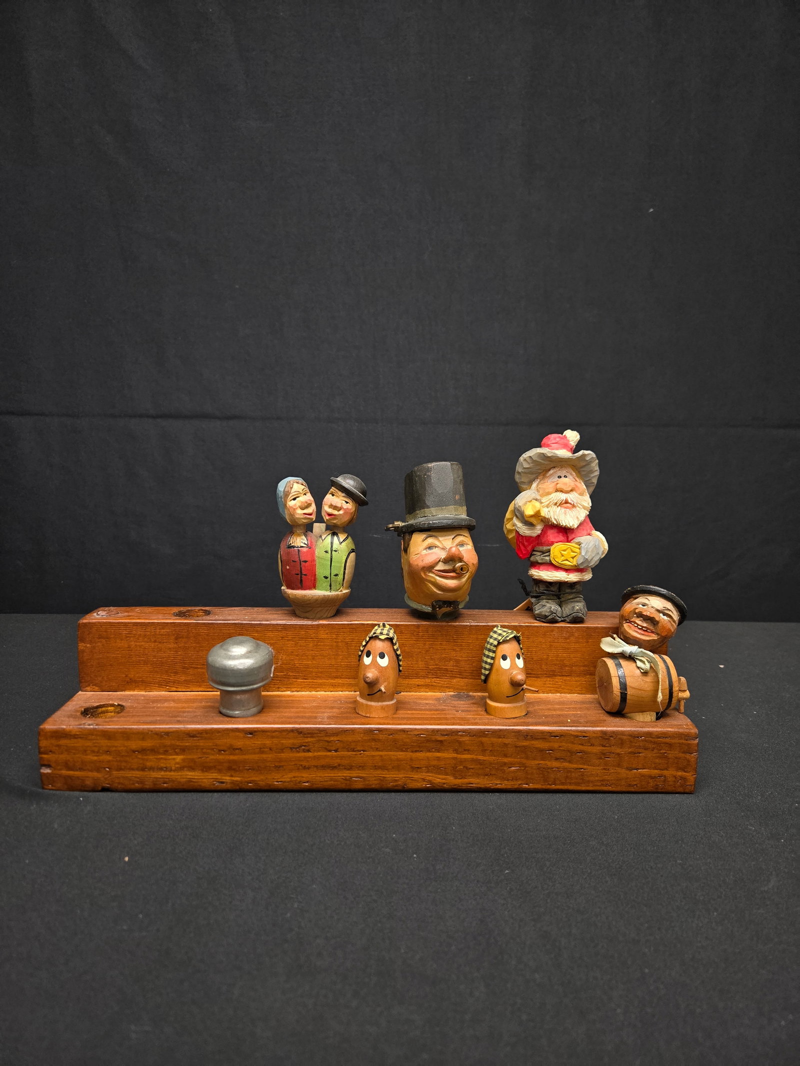 Vintage Hand-Carved Wooden Bottle Stoppers and Display Stand (8pc) (1 of 2)