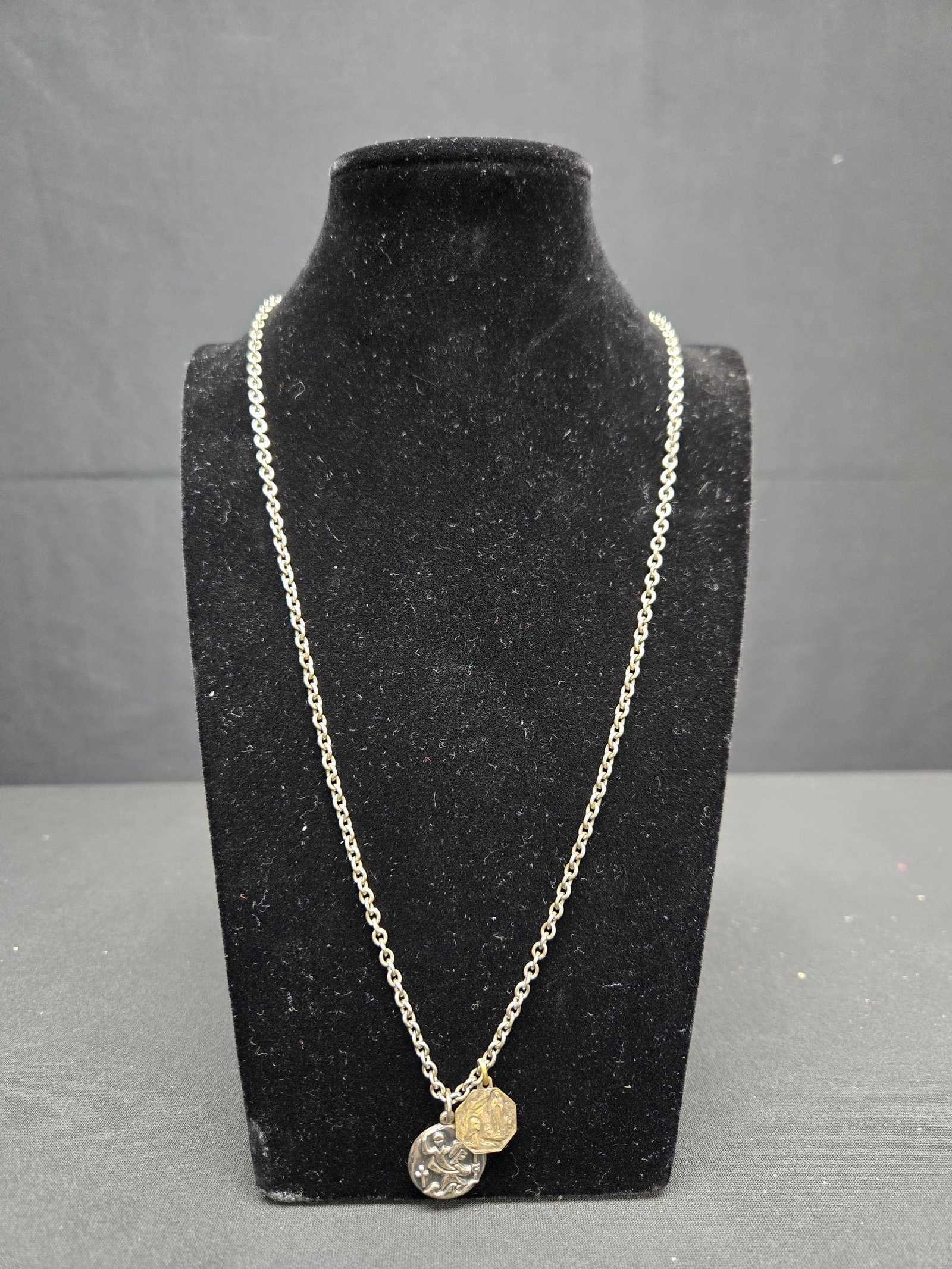 Retired James Avery St. Christopher Pendant and Necklace: Retired James Avery pendant featuring the iconography of St. Christopher on a figaro style chain, engraved on the back to read "Barrett 2003 <3 Mom".