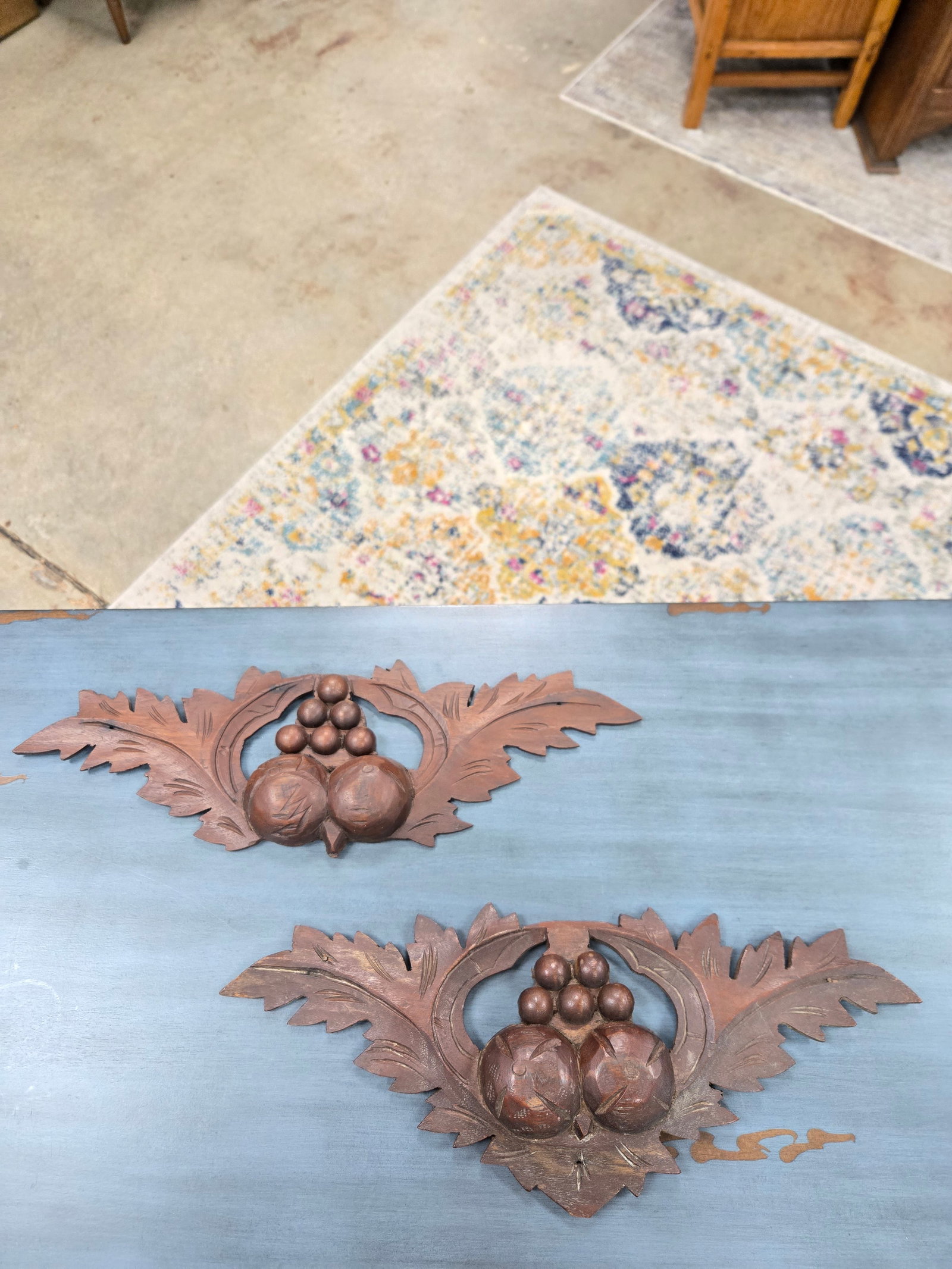 Set of Antique Hand Carved Wood Pediments: Set of two antique hand carved pediments. Carved with fruit and leaf design.