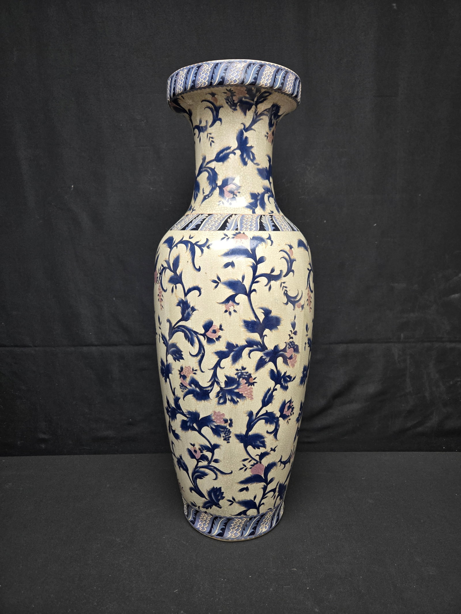 Chinese Floral Vase: Chinese blue, white, and pink glazed large ceramic vase with floral design.