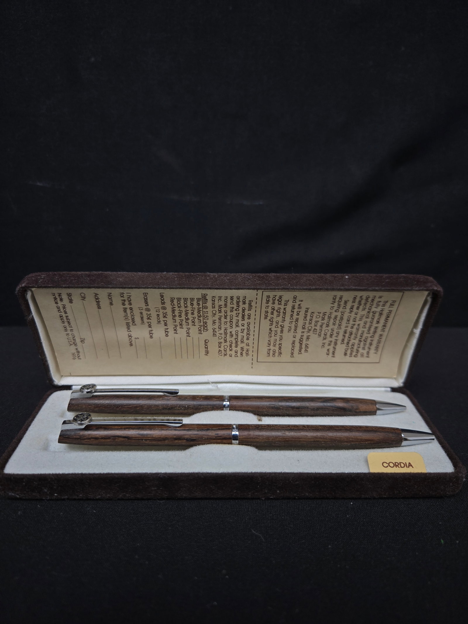 Vintage Hallmark Cordia Pen Set (2pc): Set of two vintage Hallmark pens. Comes in original brown velvet case with original 1976 warranty and refill order paper.