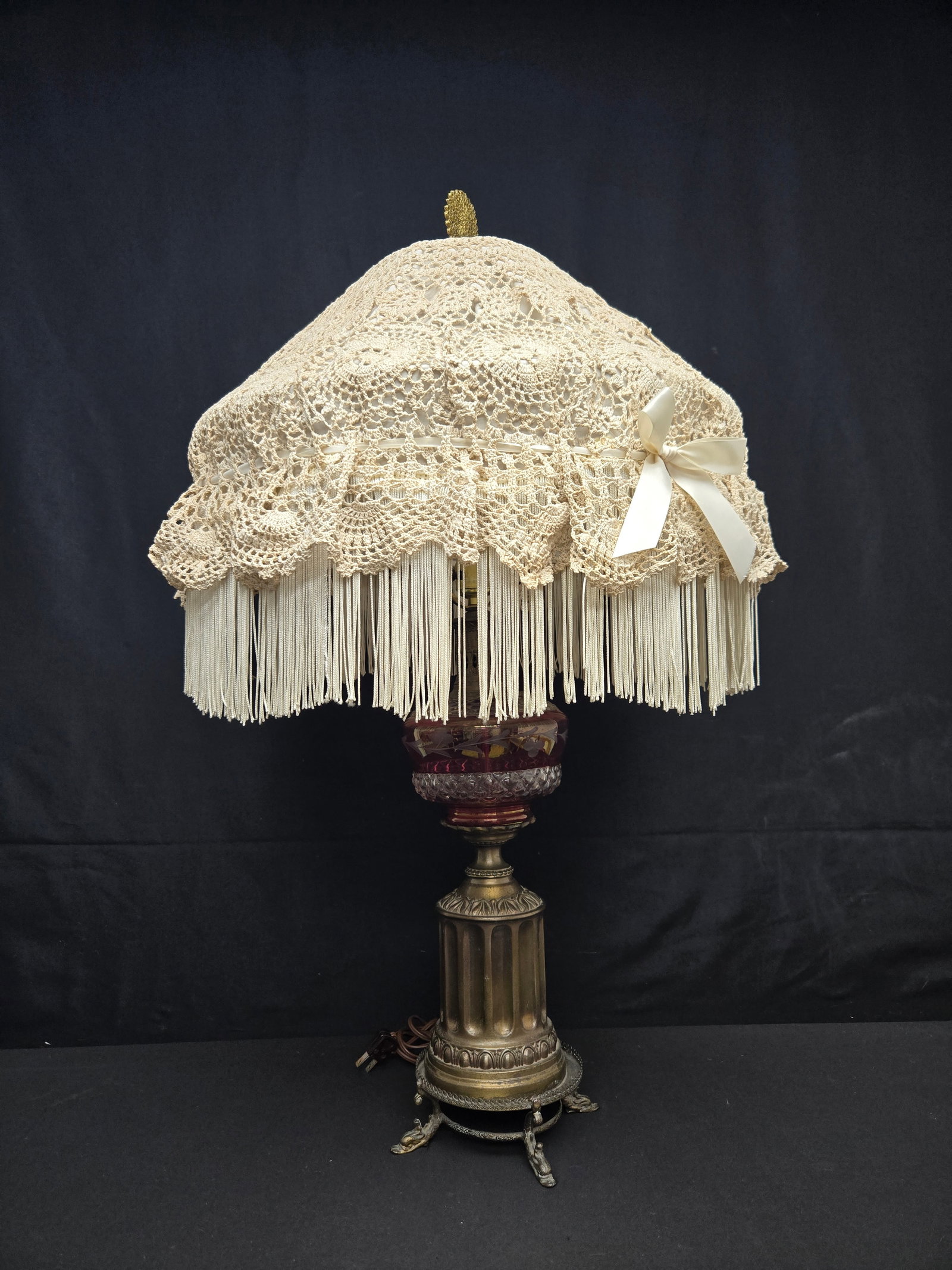 Vintage Brass & Red Etched Glass Lamp w/Crochet Fringe Shade (1 of 3)