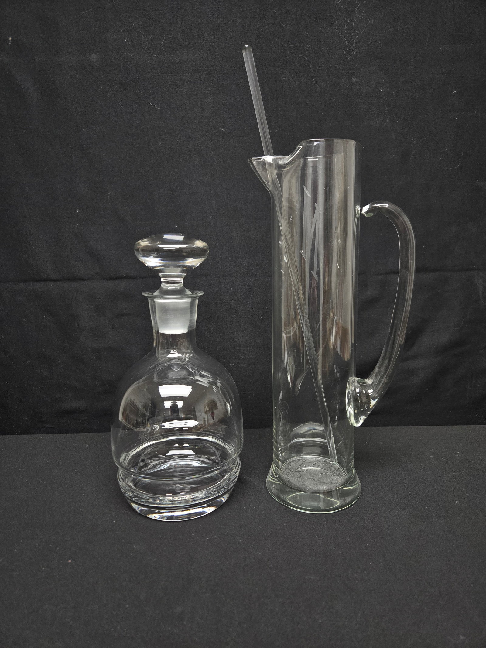 Glass Decanter and Martini Pitcher w/Stirring Stick (4pc): Glass liquor decanter and martini pitcher set, complete with stopper for the decanter and stirring stick for the pitcher. The pitcher features an engraved initial on the front in the shape of a capita