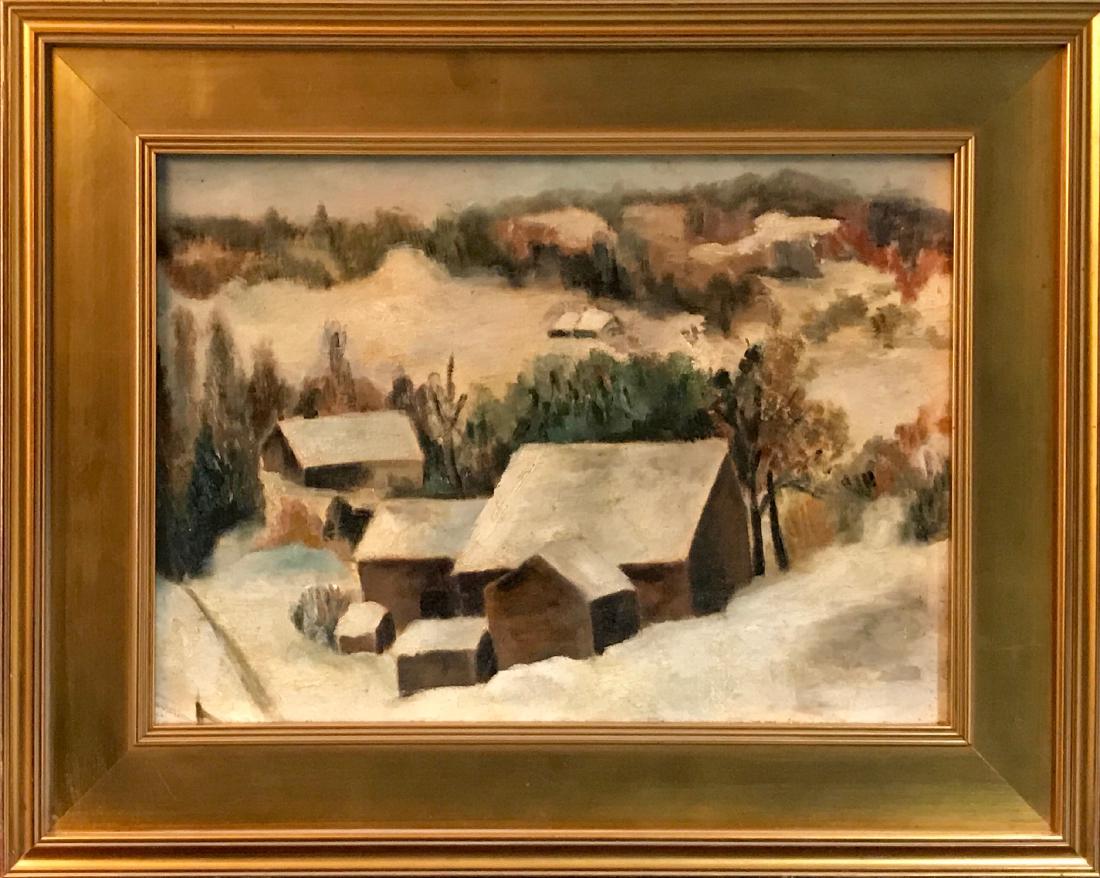 KONRAD CRAMER (1888-1963): Woodstock Barns in Snow, c. 1930, 11x15.5, oil on board, signed on reverse, Provenance: Estate of Konrad Cramer, very good condition.