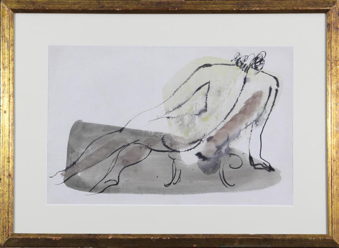 Konrad Cramer (1888-1963): Reclining Nude c. 1950 watercolor and ink on paper 9.5x15 15x21 estate stamped on reverse Estate of Konrad Cramer