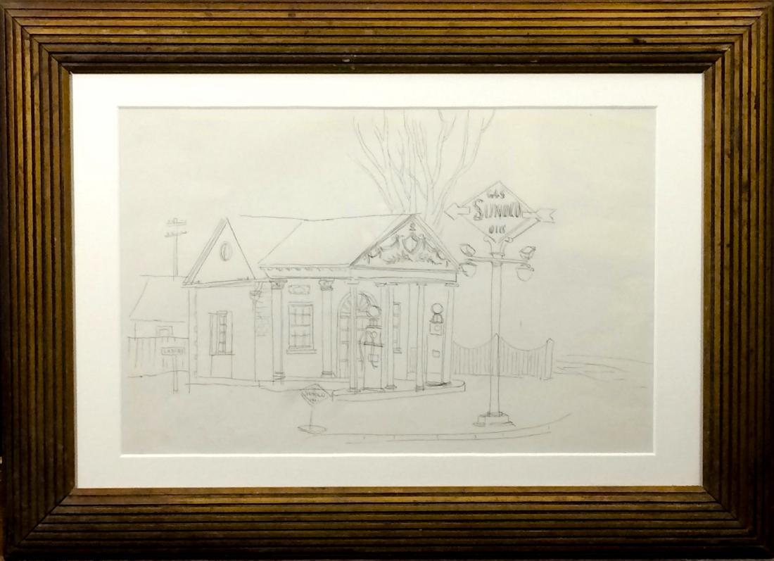 Konrad Cramer (1888-1963): Sunoco Station c. 1930 ink on paper 9.5x15 15.5x21.5 estate stamped on reverse Estate of Konrad Cramer