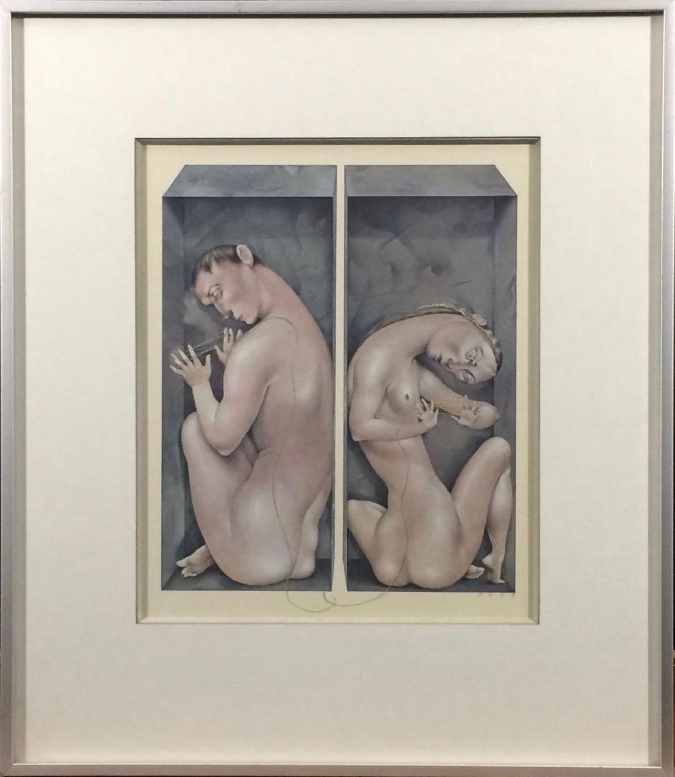 Anita Kunz (1956-: Cat's Cradle watercolor and acrylic on paper 10x8.5 18.25x16 signed and dated lower right Private collection