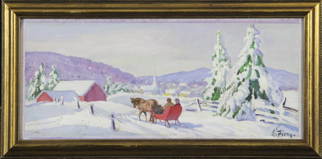 Ernest Fiene (1894 - 1965): Winter in Woodstock c. 1940 oil on board 6.5x15.5 8.75x18 signed lower right Private collection
