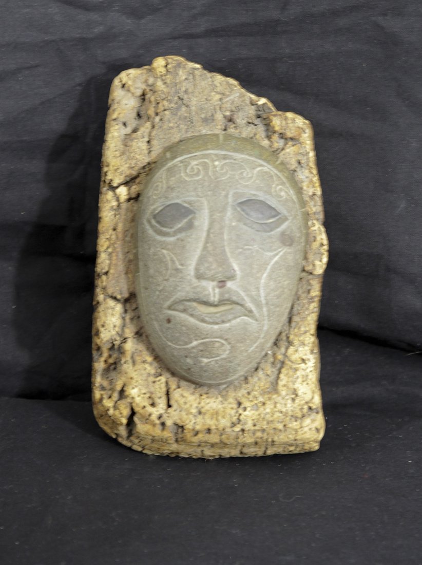 David Marshall (1936-: Painted Folk Art Head c. 1980painted stone on wood cork4" x3"6"x 3.75" x 2" deepPrivate collection