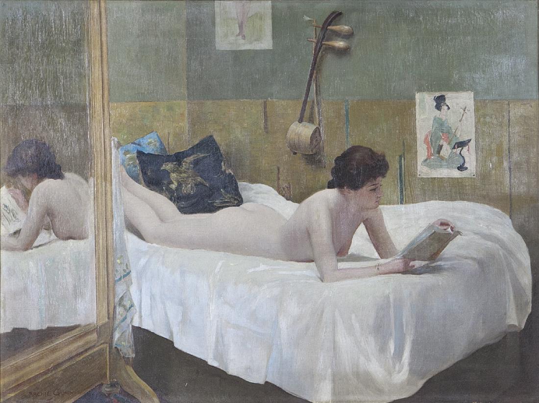 Archie Gunn (1863 - 1930): Archie Gunn (1863 - 1930) Painting Title: Reclining Nude Reading, 1907 Medium: oil on canvas Size: 18x24 Signed: signed and dated lower left