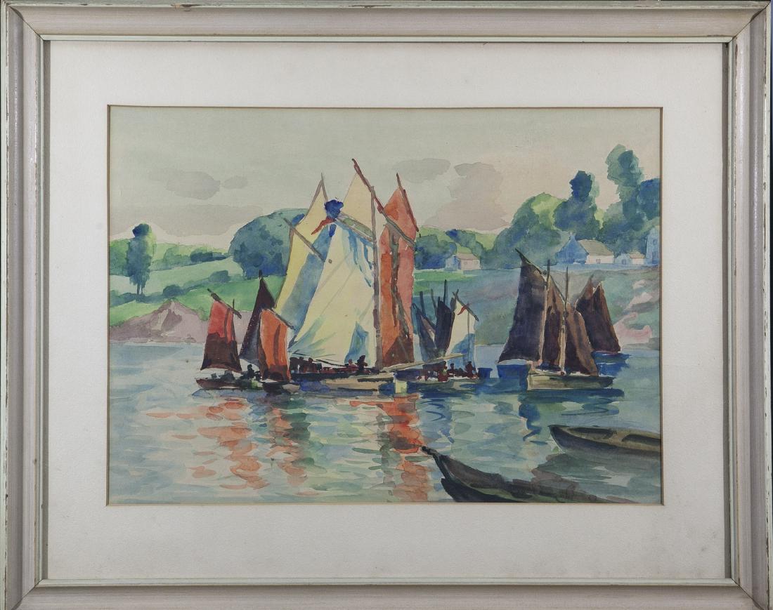 American School: American School Painting Title: Red Sails Medium: watercolor on paper Size: 15x20