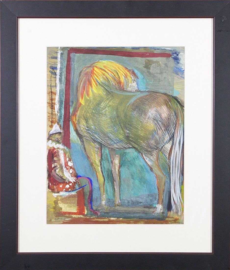 Josef Presser (1907-1967): Horse with Rider c. 1950 Medium: mixed media on paper Size: 17.5x13.5 Signed: signed lower right