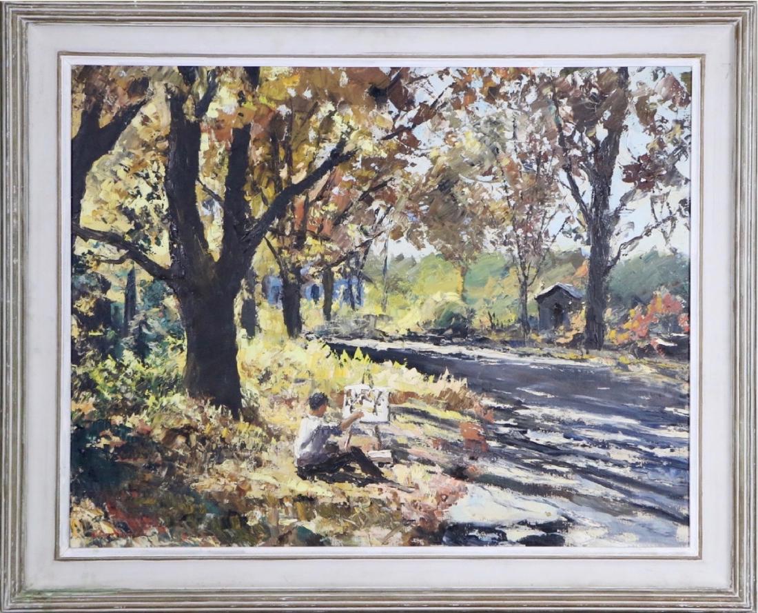 Peter Hayward (1905 - 1993): "Boy Painting in Woods w/ Stream" 24"x30" Oil on Canvas framed Signed lower left