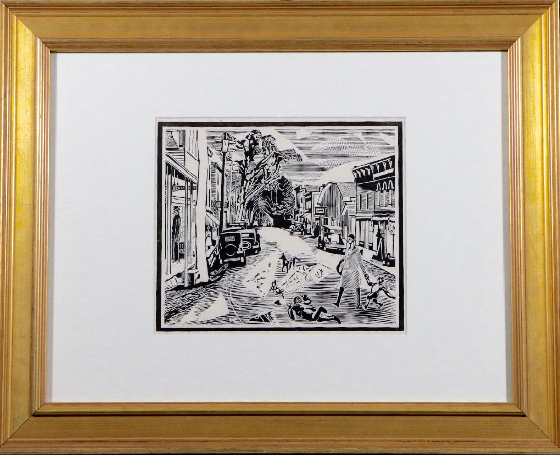 Fiske Boyd (1895 - 1975): "Untitled" Small Town 8"x8.5" Block Print framed Signed lower left