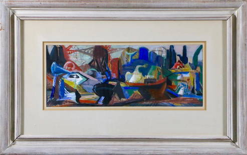 Josef Presser (1907 - 1967): "Boats in NY City" c.1950 7.5"x18.5 Gouache On Paper framed Signed lower right