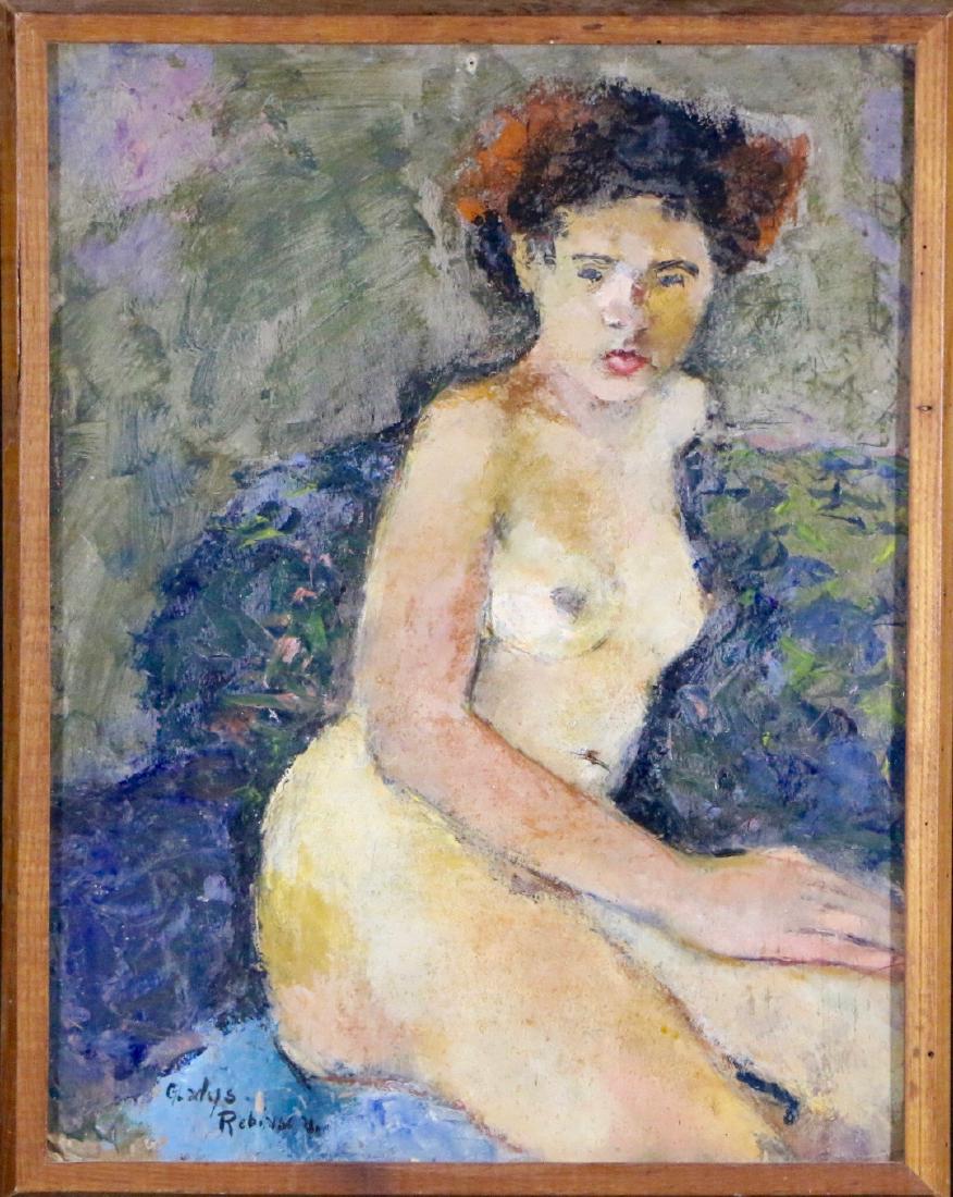 Gladys Robinson (20th century): "Nude" 23"x17.5" Oil on Board framed Signed lower left