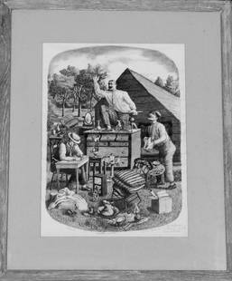 Lucile Blanch (1895-1981): "Country Auction" 16"x11.5" Lithograph framed Signed lower right