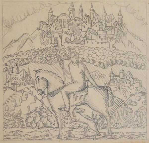 Konrad Cramer (1888-1963): Man on Horse with Castle c.1908, graphite, 9 x 9, estate stamped on back