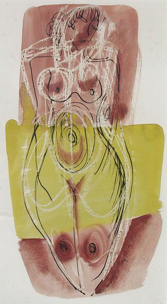 Konrad Cramer (1888-1963): Abstraction with Yellow and Red, 1952 gouache 18 1/2 x 11 signed and dated lower right