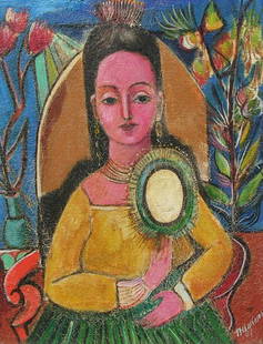 Nahum Tschacbasov (1889-1984): Painting Title: Woman with Fan, 1948 Medium: oil on canvas Size: 12 x 9 Signed: signed lower right