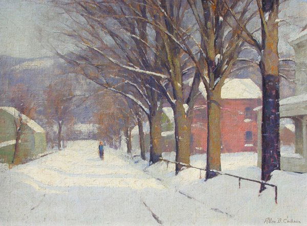 Allen Dean Cochran (1888-1971): Painting Title: Winter Landscape with Red Barn c.1930 Medium: oil on board Size: 12 x 16 Signed: signed lower right