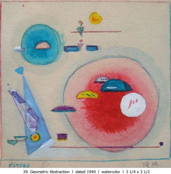 Rolph Scarlett (1889-1984): Painting Title: Geometric Abstraction with Blue and Pink Circle, 1940 Medium: mixed media on paper Size: 4 x 4 Signed: initialed lower right, dated lower left