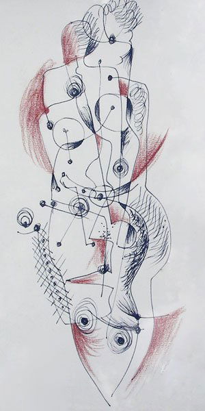 Konrad Cramer (1888-1963): Painting Title: Abstract Figures c.1950 Medium: pen and conte crayon Size: 10 1/2 x 7 1/2 Signed: estate stamped on back