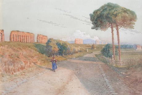 Unknown: Painting Title: Via Appia Antica (Italian Landscape)- end of 19th Century Medium: watercolor Size: 15 x 23 Signed: signed lower right