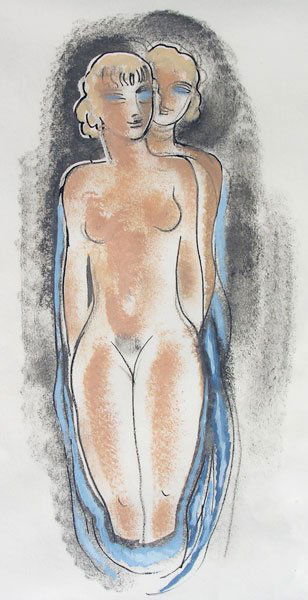 Konrad Cramer (1888-1963): Painting Title: Two Figures c.1950 Medium: gouache Size: 18 x 12 Signed: estate stamped on reverse