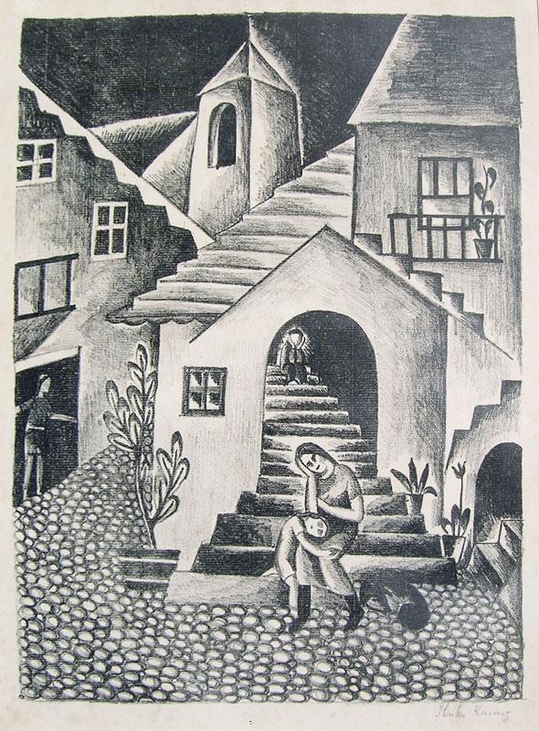 Ilonka Karasz (1886-1981): Painting Title: Village Scene Medium: lithograph Size: 13 1/2 x 10 1/4 Signed: signed lower right