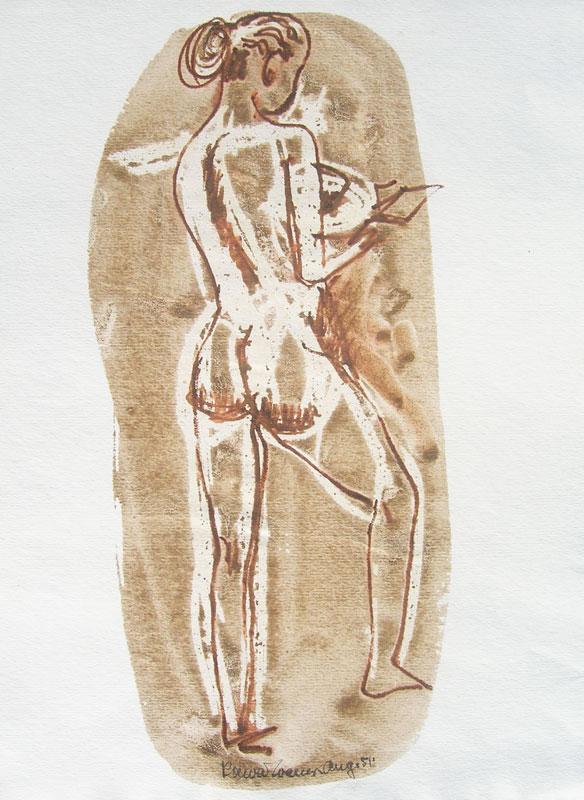 Konrad Cramer (1888-1963): Painting Title: Nude Reading, 1951 Medium: gouache Size: 12 x 7 Signed: signed lower right, Estate of Konrad Cramer