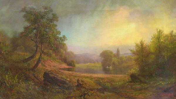 John W. Bell (late 19th C.): Painting Title: Landscape Medium: oil on canvas Size: 20 x 36 Signed: signed lower right