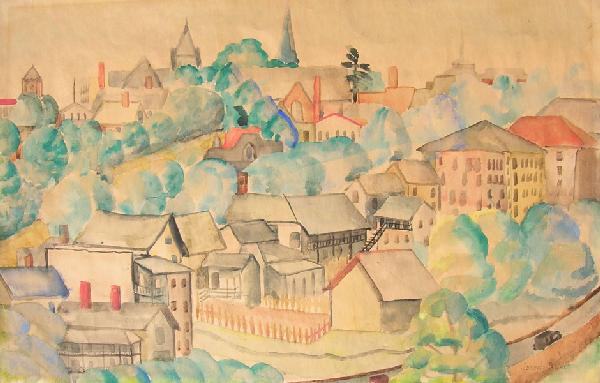 Joseph Pollet (1897-1979): Painting Title: Kingston, NY c.1925 Medium: watercolor Size: 12 x 18 1/2 Signed: signed lower right