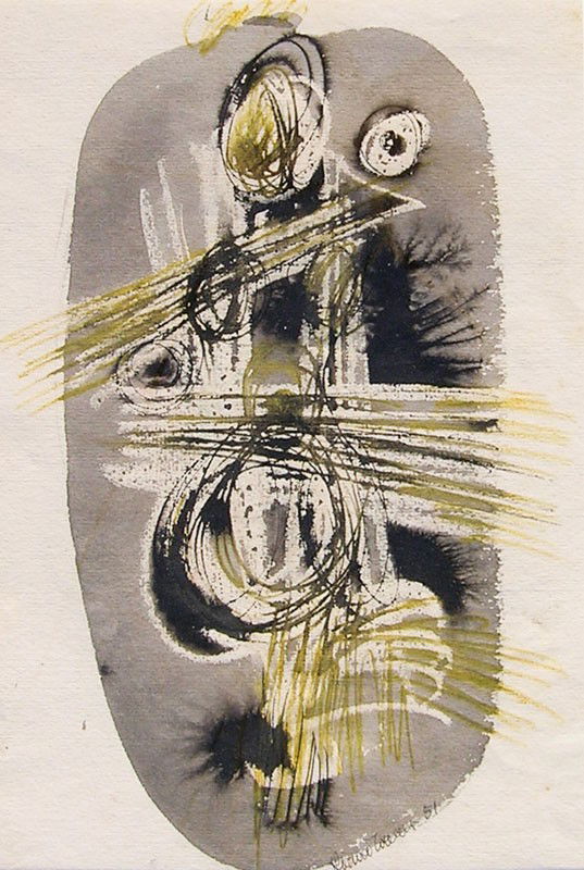 Konrad Cramer (1888-1963): Title: Konrad Cramer (1888-1963) Painting Title: Abstract Female Figure c.1950 Medium: gouache on paper Size: 12 X 8 Signed: signed