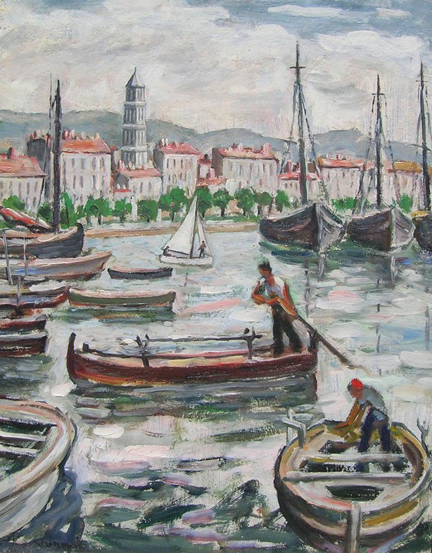 Marko Vukovic (1892-1973): Title: Marko Vukovic (1892-1973) Painting Title: Harbor Scene c.1930 Medium: oil on canvas Size: 20 x 16 Signed: signed