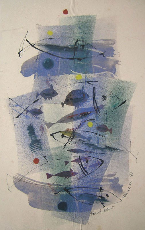 Konrad Cramer (1888-1963): Abstraction c.1950, mixed media on paper, 15 x 10