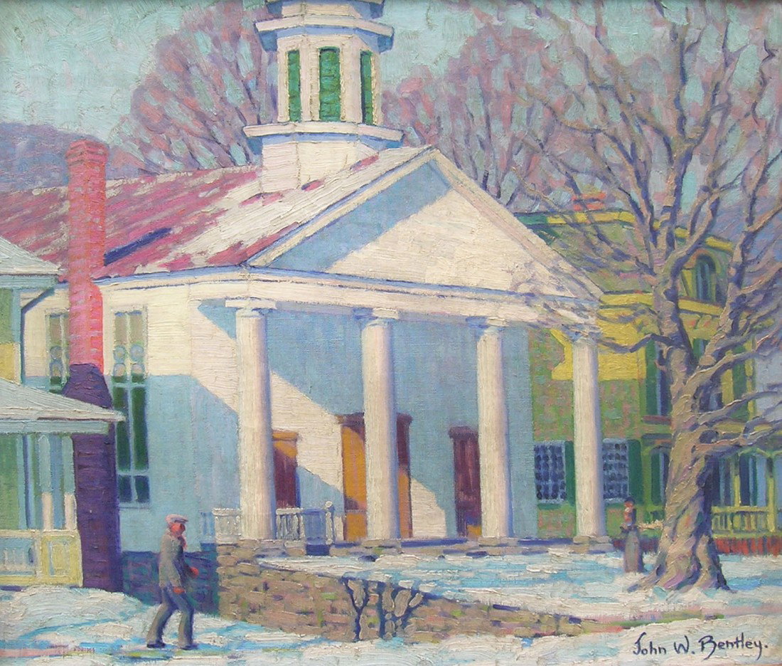 John W. Bentley (1880-1951): Title: Dutch Reform Church, Woodstock, NY c.1920 Medium: oil on canvas Size: 20 x 24 Signed: signed lower right