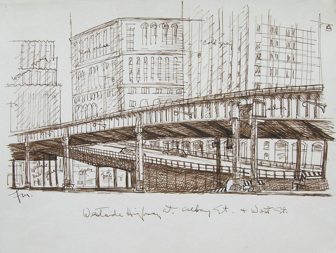Fletcher Martin (1904-1979): Title: Westside Highway c.1945 Medium: ink on paper Size: 10 x 14 1/2 Signed: initialed lowe left
