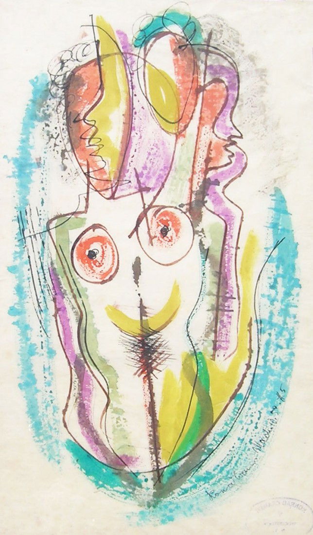 Konrad Cramer (1888-1963): Title: Abstract Nude c.1950 Medium: ink and watercolor on paper Size: 18 x 10 1/2 Signed: signed lower right